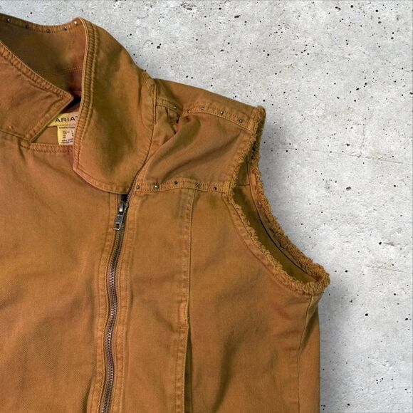 Ariat Women’s Brown Studded Canvas Vest L Western Workwear Utility Frayed Sleeve - Picture 5 of 7